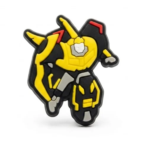 Jibbitz robot jaune aux ailes noires et jaunes en plein vol, style Bumblebee