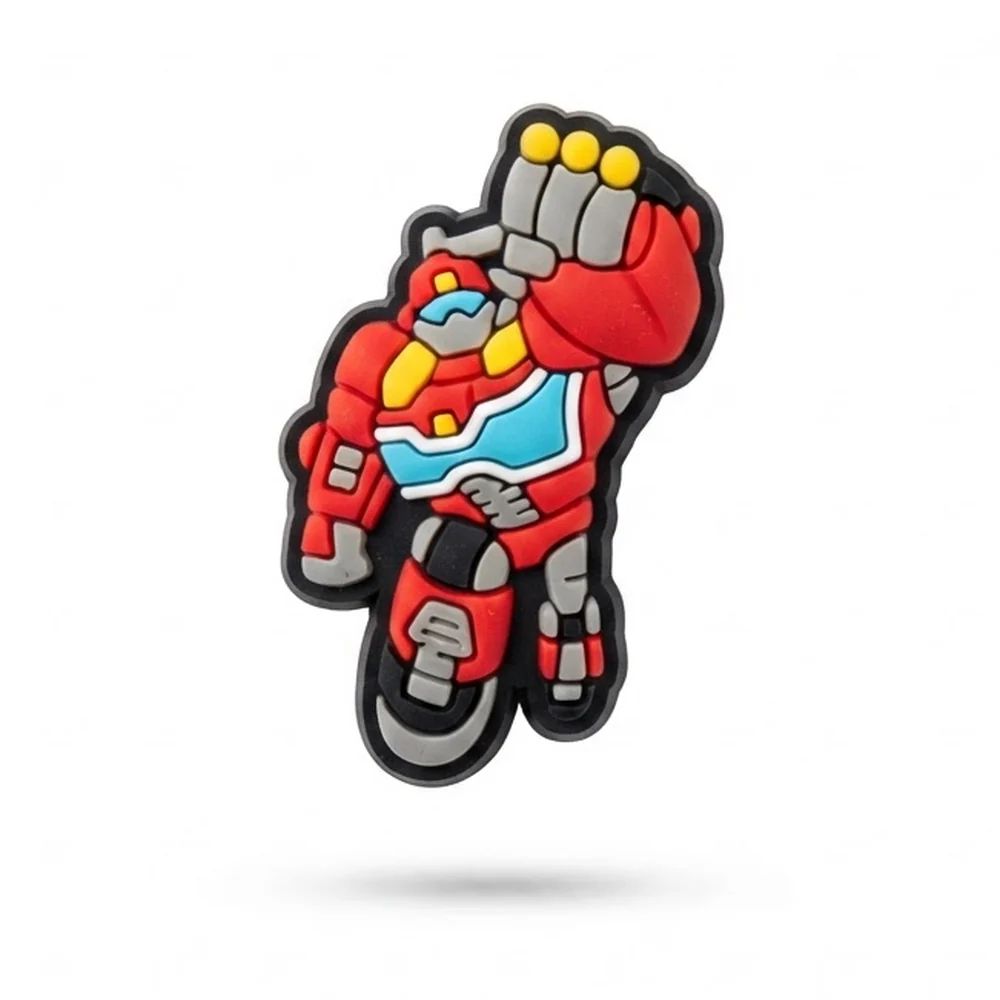 Jibbitz robot rouge poing levé avec touches bleues et jaunes, style Rescue Bots