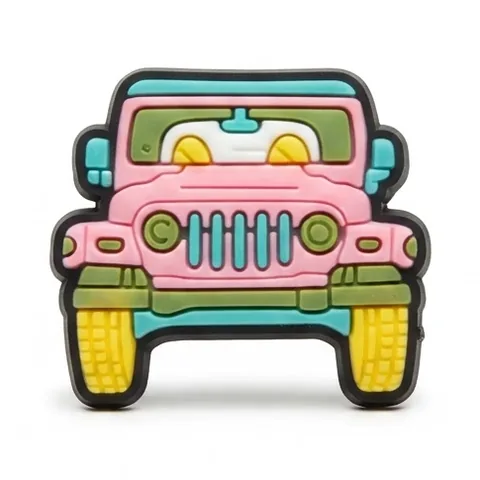 Jibbitz jeep rose vue de face avec calandre verte, cadre turquoise et roues jaunes